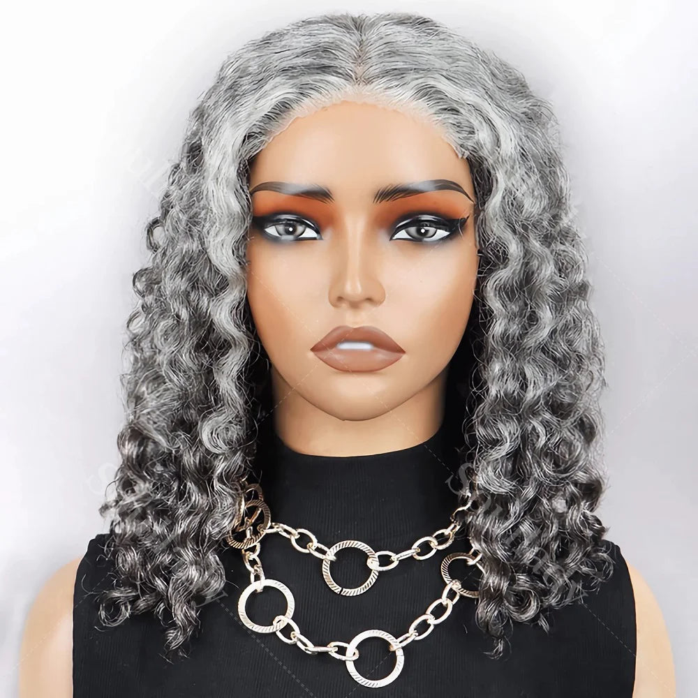 Soul Lady Salt And Pepper Wig Water Wave Human Hair Throw On & Go Glueless 5x5 HD Lace Front Closure Bob Wigs For Mature Women