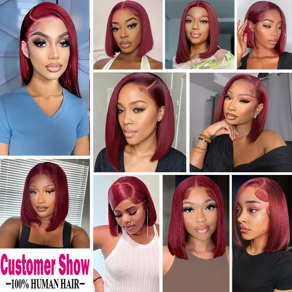 8 Inch Short Bob Wig 99J Burgundy Human Hair Lace Front Wig 13x4 Hair HD Lace Front Wig Brazilian Remy Red Color For Woman