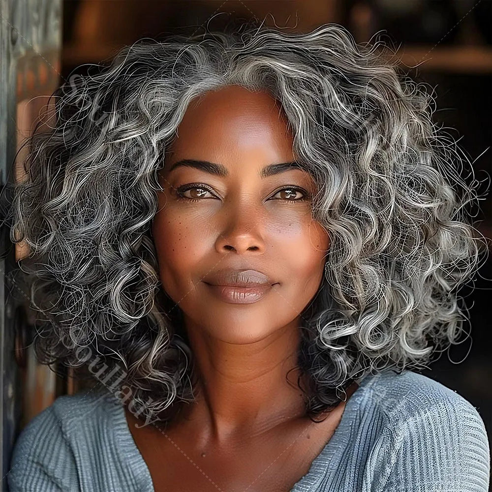 Soul Lady Salt And Pepper Wig Water Wave Human Hair Throw On & Go Glueless 5x5 HD Lace Front Closure Bob Wigs For Mature Women