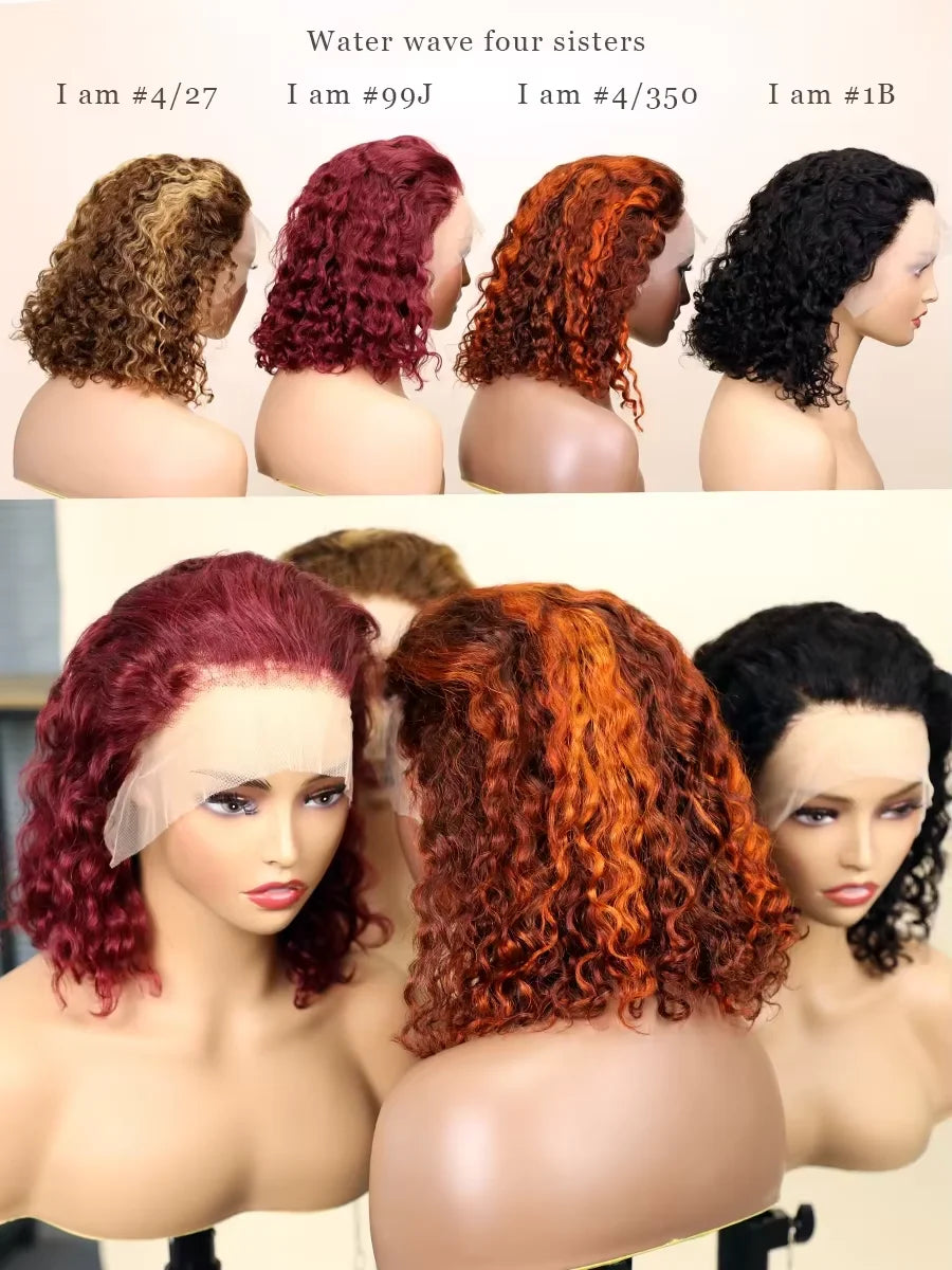 Water Wave 250 Density Short Bob Lace Front Human Hair Wig For Women Deep Wave Pre Plucked Highlight 99J Burgundy Ginger Orange