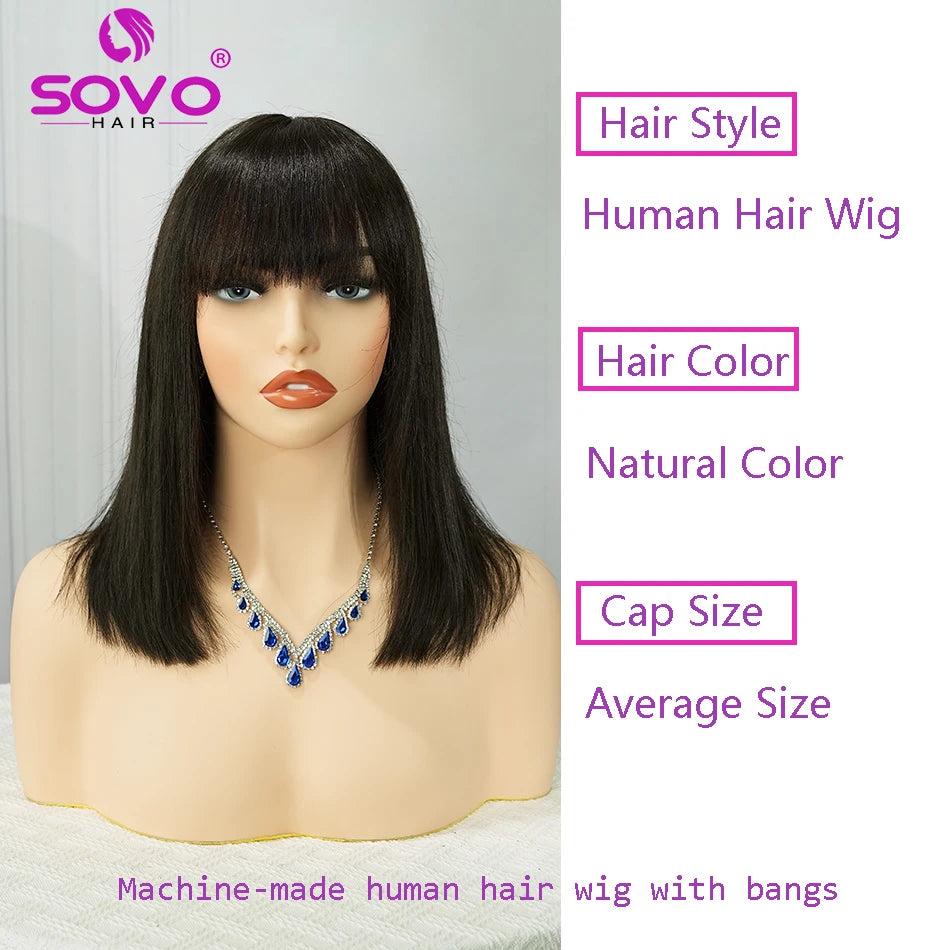 Machine-made Human Hair wig with bangs Straight Bob Full Machine Made Wigs No Lace For Women 10 12 14 Inches 100% Human Hair Wig