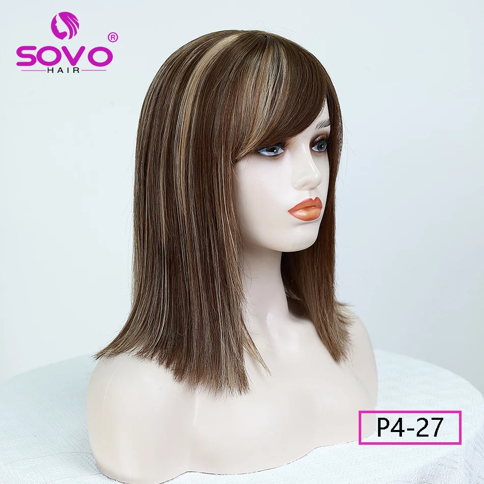 Machine-made Human Hair wig with bangs Straight Bob Full Machine Made Wigs No Lace For Women 10 12 14 Inches 100% Human Hair Wig