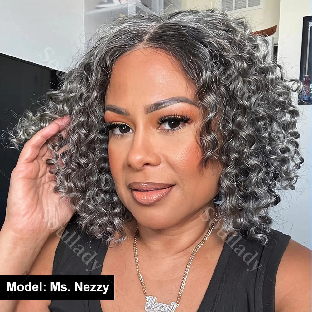 Soul Lady Salt And Pepper Wig Water Wave Human Hair Throw On & Go Glueless 5x5 HD Lace Front Closure Bob Wigs For Mature Women