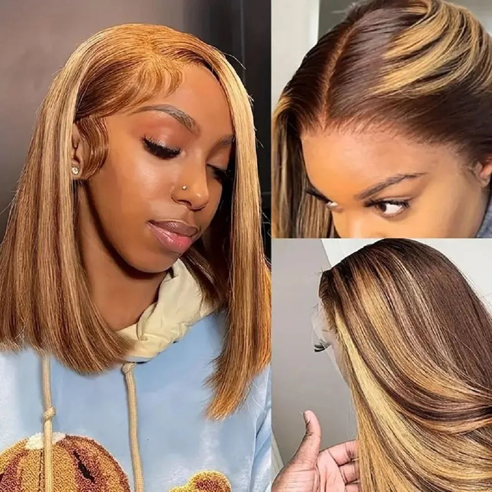 6x4 HD Lace Front Bob Wigs 14 Inch Highlight Human Hair Wigs Pre Plucked Short Straight Bob Hair 4/27 Ombre Hair Wigs for Women