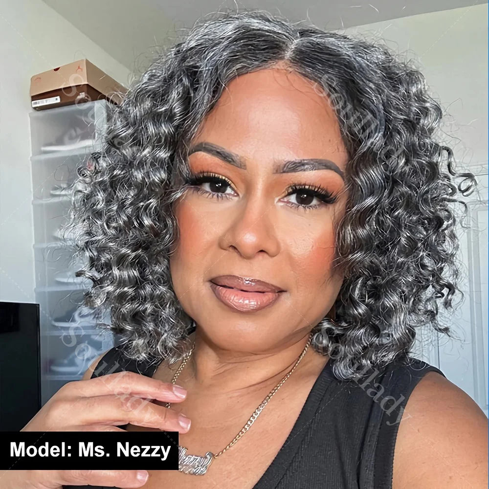 Soul Lady Salt And Pepper Wig Water Wave Human Hair Throw On & Go Glueless 5x5 HD Lace Front Closure Bob Wigs For Mature Women