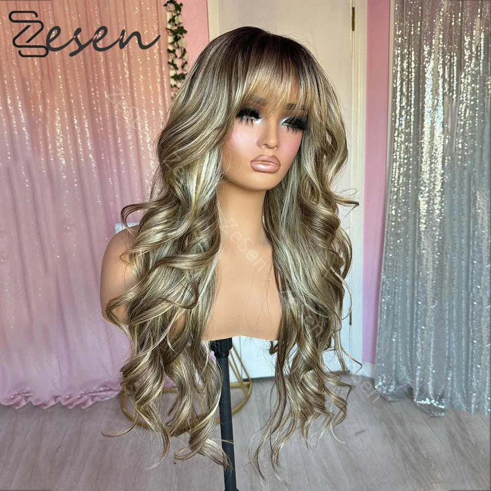 Ombre Blonde Highlights Long Wavy Wig Syntheic Blend Human Hair Lace Front Wig Brown Roots Heat Friendly Fibre Lady Girls Wig