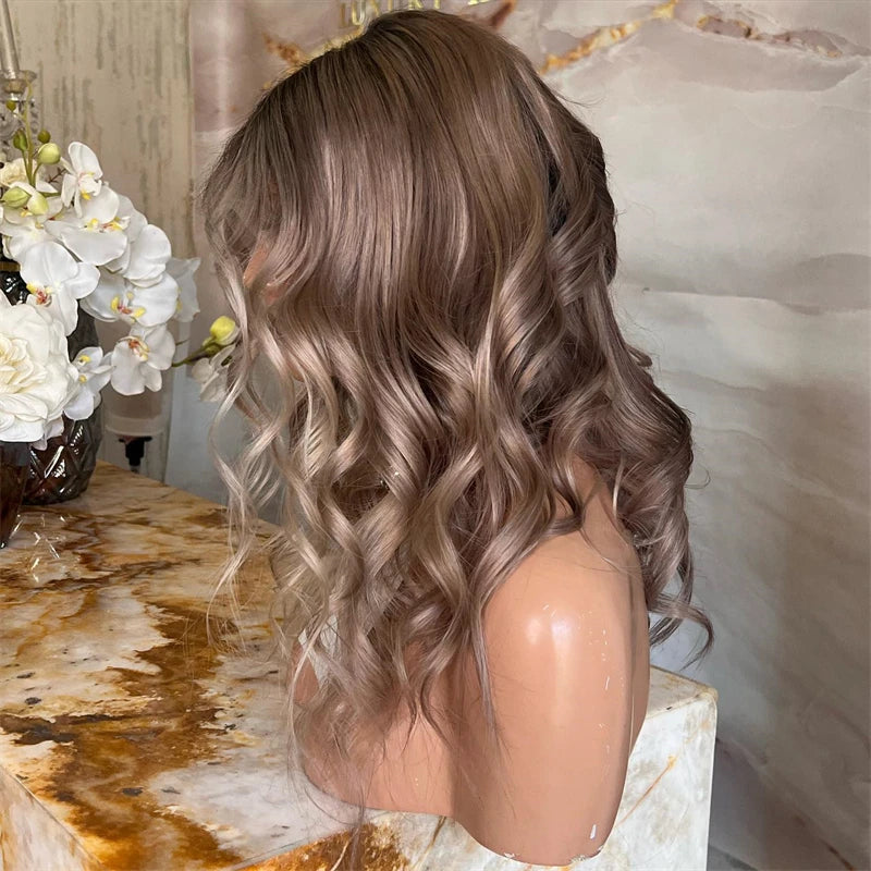 Balayage Wavy Blonde Brown Blend Lace Front Wig HD Skin Top Wig 24 Inches Bouncy Wavy Wig For Women Natural Realistic Lace Wig