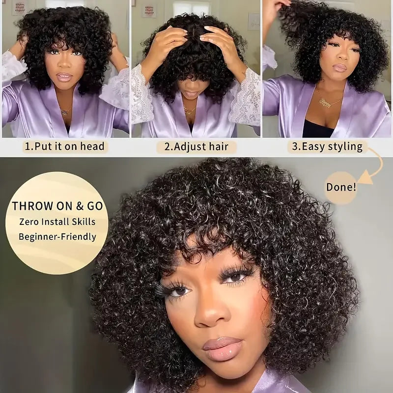 Curly Bob Wigs Human Hair 100% Short Bob Wig Kinky Curly Wigs With Bangs 2x4 Lace Closure Human Hair Wigs For Black Women Geeta