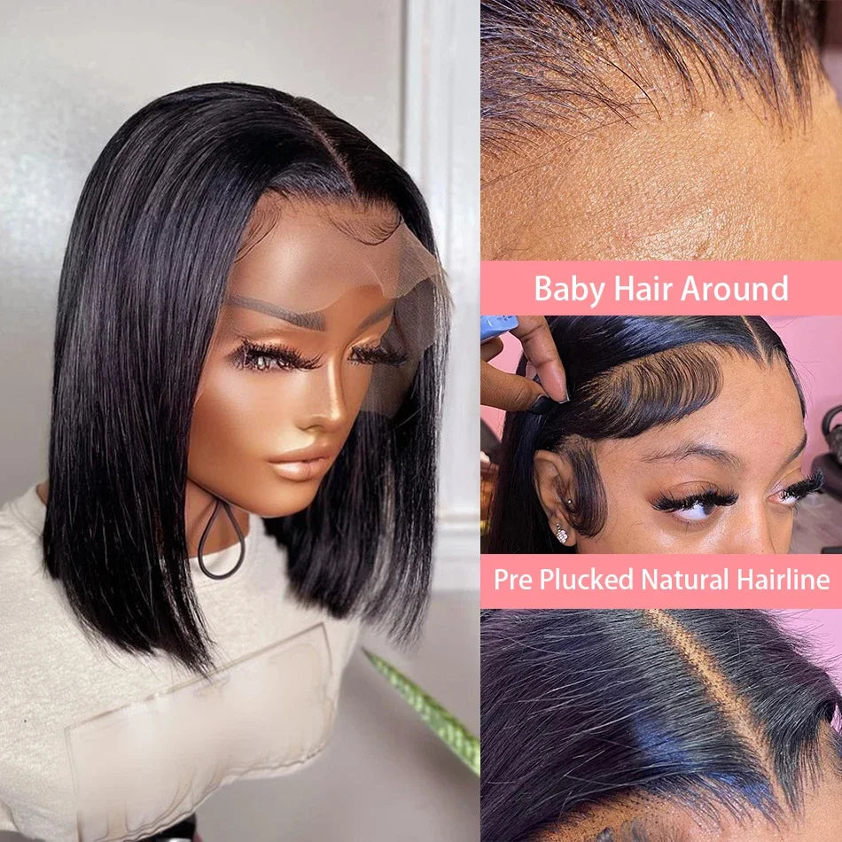 Straight Natural Color Bob Wig Brazilian Hair Human Hair 200% Density 13X6 Transparent Lace Frontal Wig Human Hair Wig For Women