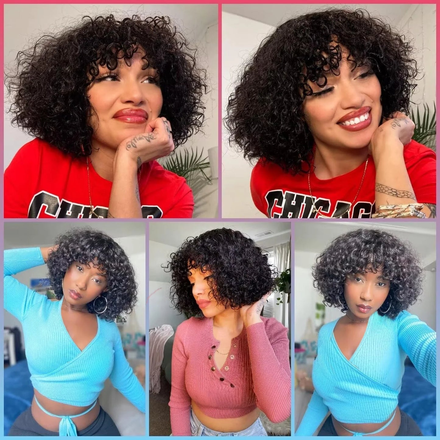 Curly Bob Wigs Human Hair 100% Short Bob Wig Kinky Curly Wigs With Bangs 2x4 Lace Closure Human Hair Wigs For Black Women Geeta