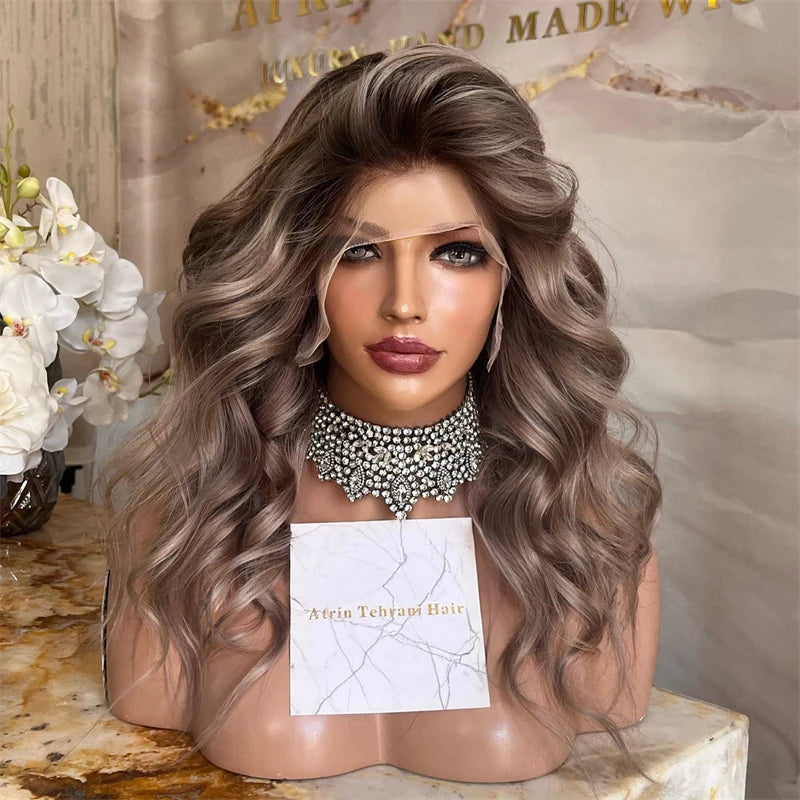 Balayage Wavy Blonde Brown Blend Lace Front Wig HD Skin Top Wig 24 Inches Bouncy Wavy Wig For Women Natural Realistic Lace Wig