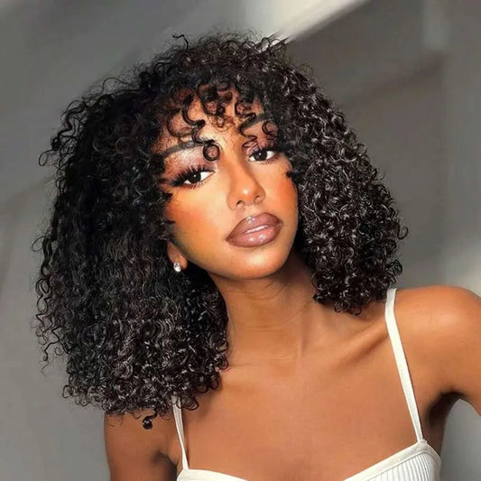 Curly Bob Wigs Human Hair 100% Short Bob Wig Kinky Curly Wigs With Bangs 2x4 Lace Closure Human Hair Wigs For Black Women Geeta