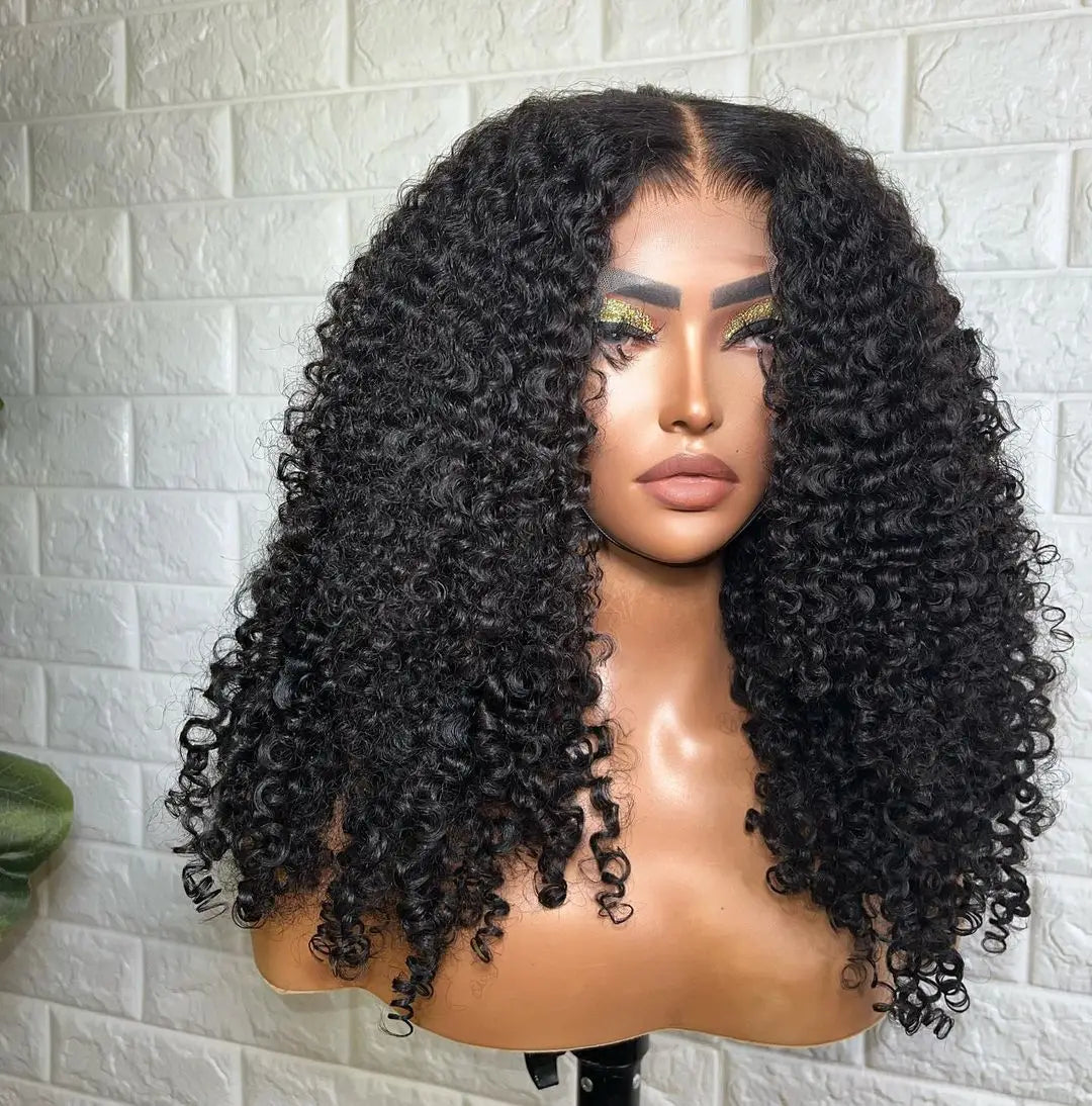 4B 4C Afo Kinky Curly Synthetic Hair Wigs for Women Natural Black Glueless Jerry Curly Long 13x4 Transparent Lace Front Wigs