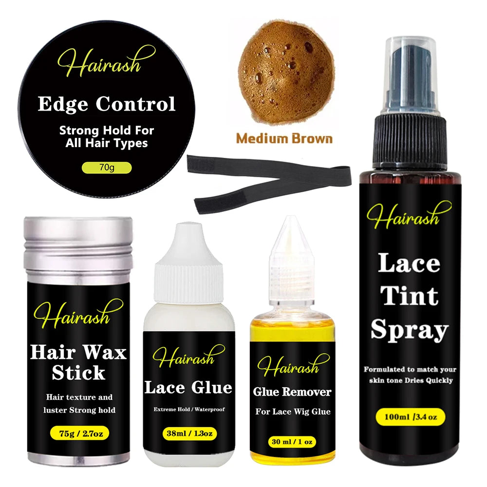 Hairash Hair Extensions Adhesive Wig Glue + Glue Remover + Hair Wax Stick+ Lace Tint Spray + Edge Control + Headbands For Wigs