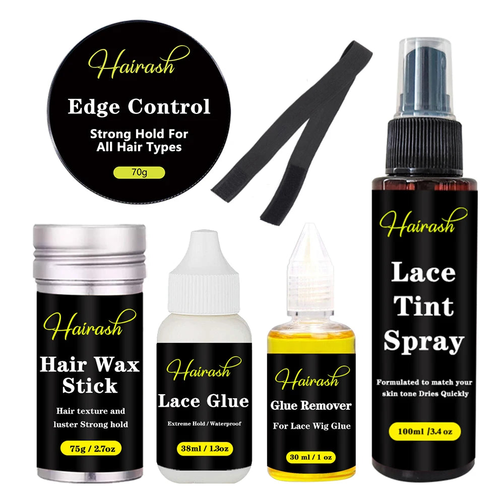 Hairash Hair Extensions Adhesive Wig Glue + Glue Remover + Hair Wax Stick+ Lace Tint Spray + Edge Control + Headbands For Wigs