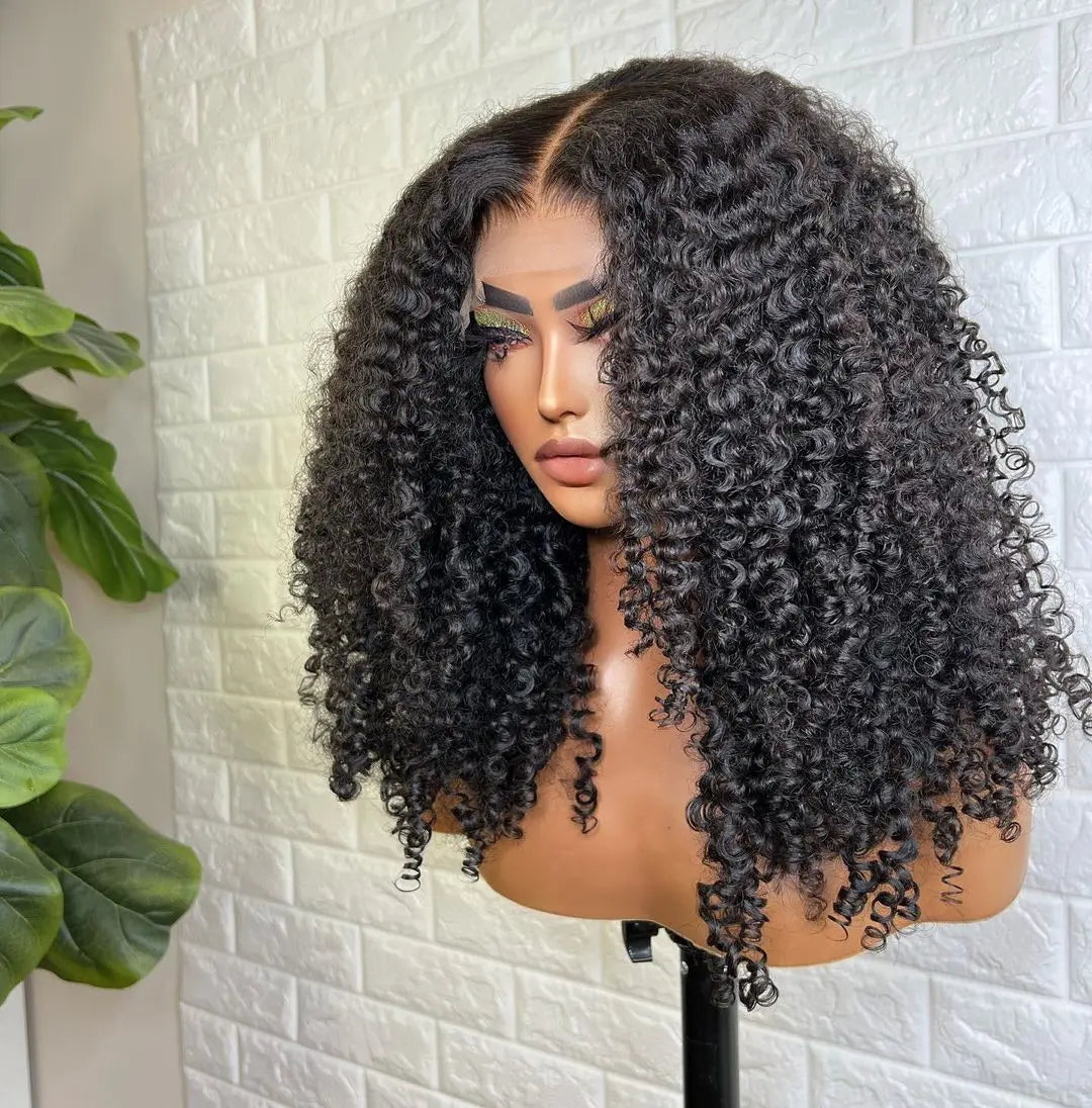 4B 4C Afo Kinky Curly Synthetic Hair Wigs for Women Natural Black Glueless Jerry Curly Long 13x4 Transparent Lace Front Wigs