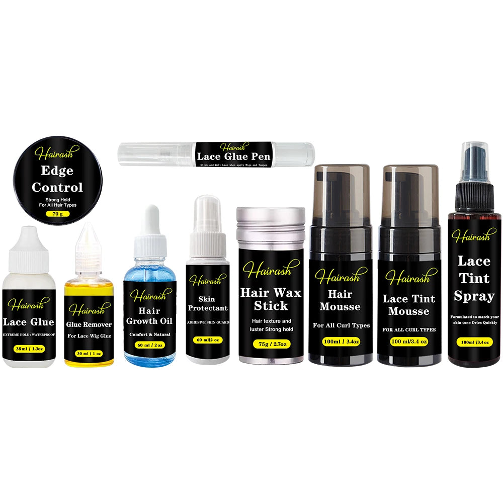 Hairash Hair Extensions Adhesive Wig Glue + Glue Remover + Hair Wax Stick+ Lace Tint Spray + Edge Control + Headbands For Wigs