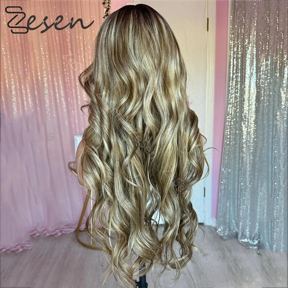 Ombre Blonde Highlights Long Wavy Wig Syntheic Blend Human Hair Lace Front Wig Brown Roots Heat Friendly Fibre Lady Girls Wig
