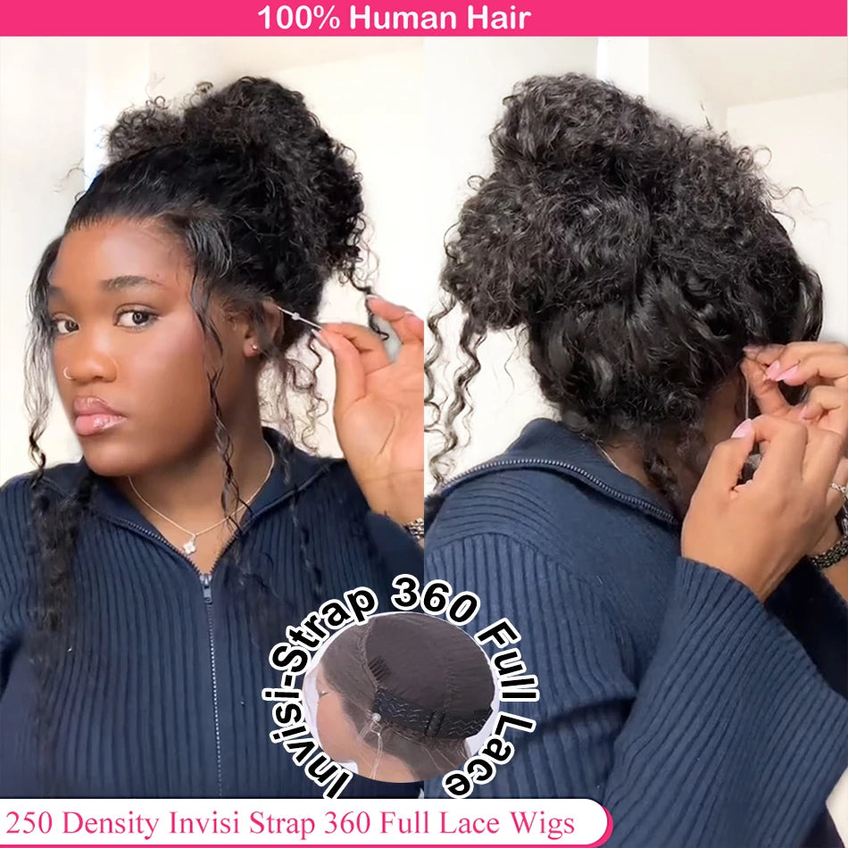 Invisible Strap 360 HD Full Lace Wig Human Hair Glueless Wig Pre Cut Lace 250 Density Deep Curly 360 Lace Front Wig Preplucked