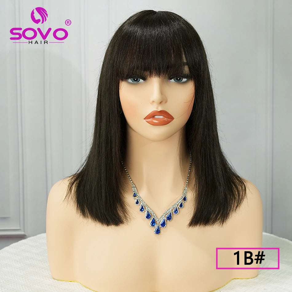 Machine-made Human Hair wig with bangs Straight Bob Full Machine Made Wigs No Lace For Women 10 12 14 Inches 100% Human Hair Wig