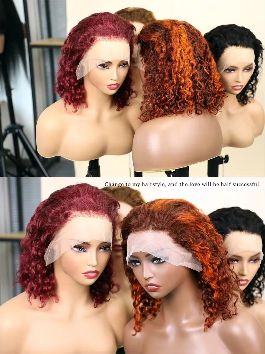 Water Wave 250 Density Short Bob Lace Front Human Hair Wig For Women Deep Wave Pre Plucked Highlight 99J Burgundy Ginger Orange