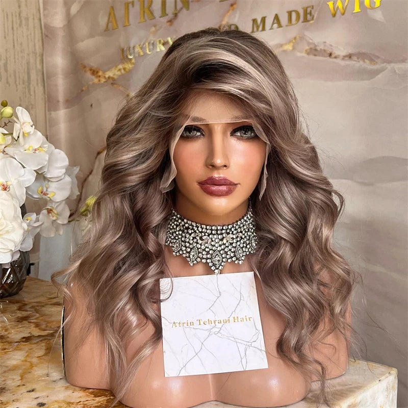 Balayage Wavy Blonde Brown Blend Lace Front Wig HD Skin Top Wig 24 Inches Bouncy Wavy Wig For Women Natural Realistic Lace Wig