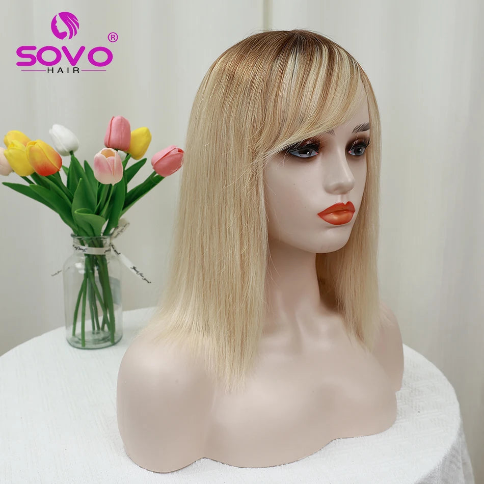 Machine-made Human Hair wig with bangs Straight Bob Full Machine Made Wigs No Lace For Women 10 12 14 Inches 100% Human Hair Wig