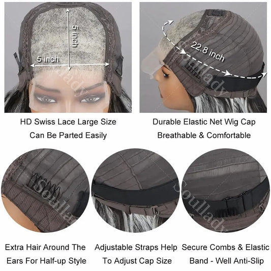 Soul Lady Salt And Pepper Wig Water Wave Human Hair Throw On & Go Glueless 5x5 HD Lace Front Closure Bob Wigs For Mature Women