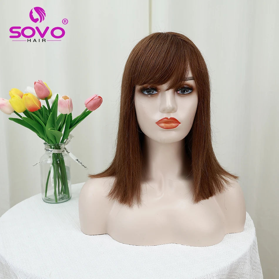Machine-made Human Hair wig with bangs Straight Bob Full Machine Made Wigs No Lace For Women 10 12 14 Inches 100% Human Hair Wig