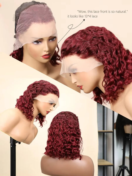 Water Wave 250 Density Short Bob Lace Front Human Hair Wig For Women Deep Wave Pre Plucked Highlight 99J Burgundy Ginger Orange
