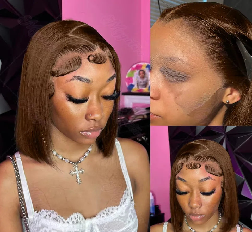 13x4 Lace Front Short Bob Wigs Straight Light Brown Chocolate Color Swiss Lace Frontal Wigs For Woman Reddish Brown Human Hair
