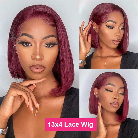 8 Inch Short Bob Wig 99J Burgundy Human Hair Lace Front Wig 13x4 Hair HD  Lace Front  Wig Brazilian Remy Red Color For Woman
