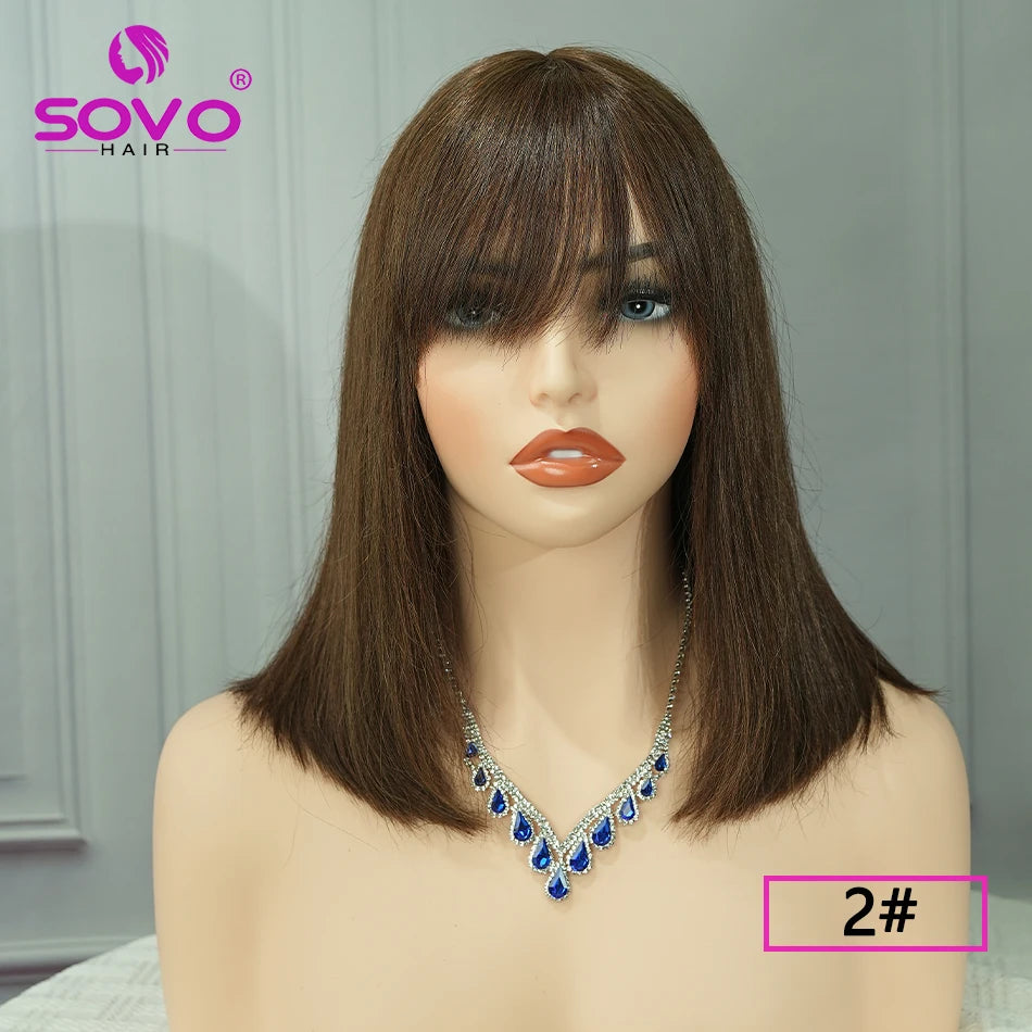 Machine-made Human Hair wig with bangs Straight Bob Full Machine Made Wigs No Lace For Women 10 12 14 Inches 100% Human Hair Wig