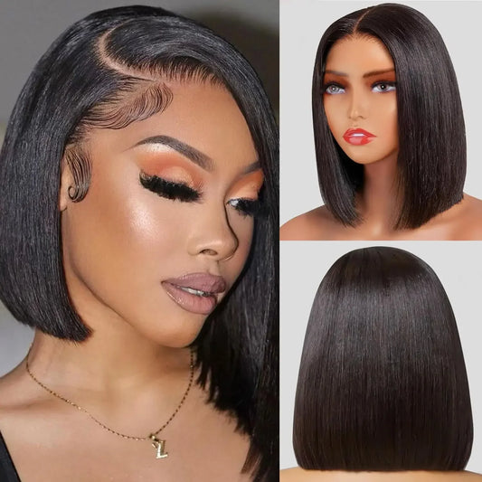 Straight Natural Color Bob Wig Brazilian Hair Human Hair 200% Density 13X6 Transparent Lace Frontal Wig Human Hair Wig For Women