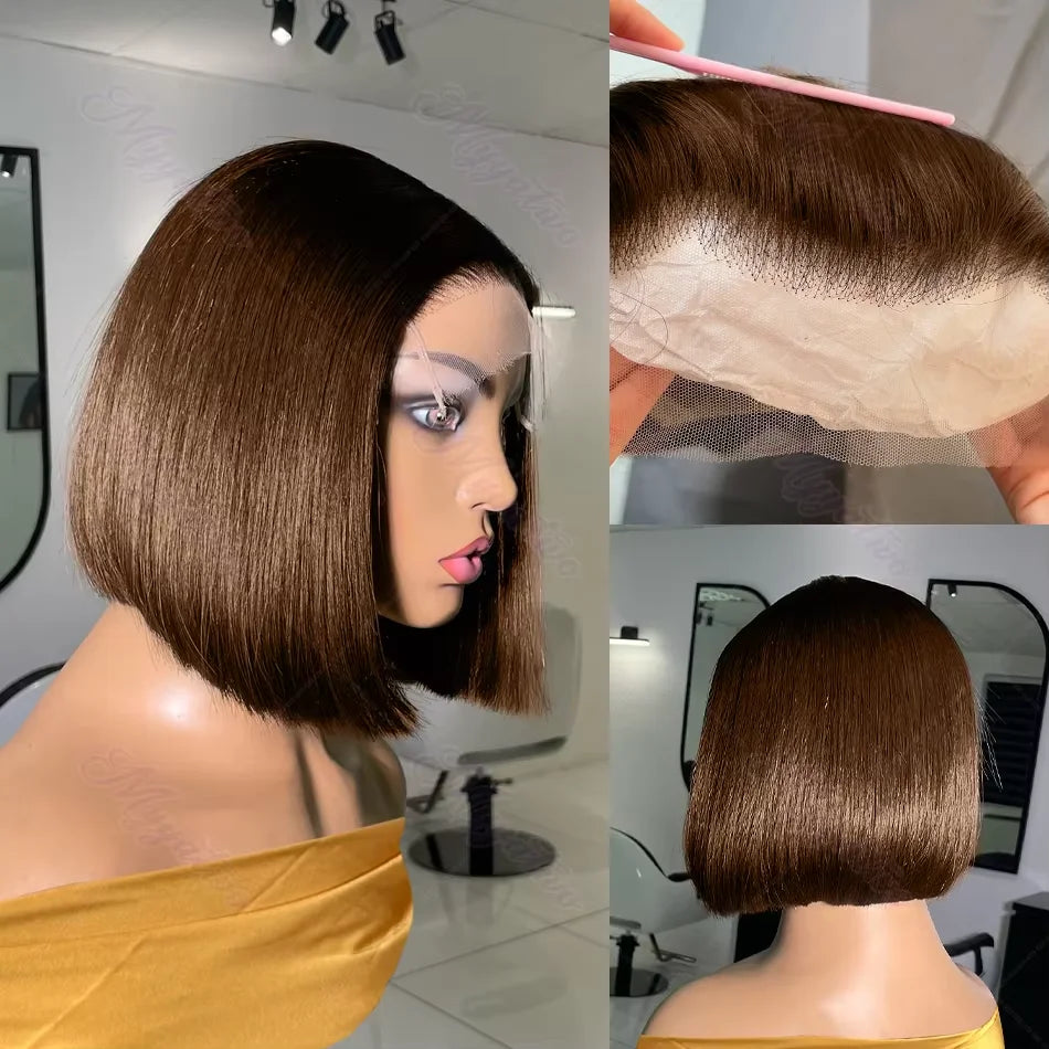 13x4 Lace Front Short Bob Wigs Straight Light Brown Chocolate Color Swiss Lace Frontal Wigs For Woman Reddish Brown Human Hair
