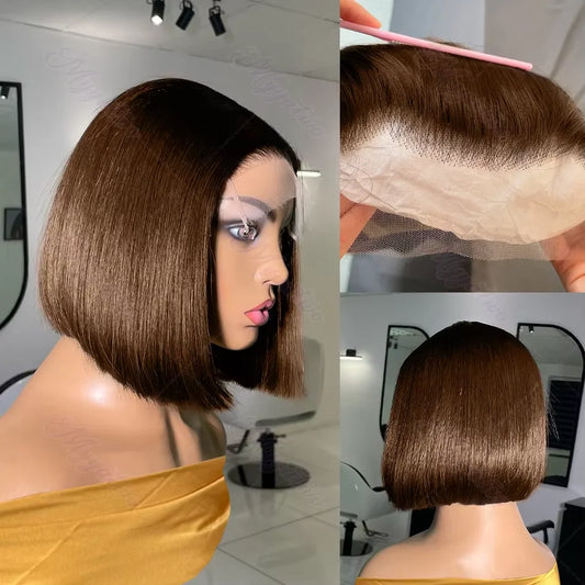 13x4 Lace Front Short Bob Wigs Straight Light Brown Chocolate Color Swiss Lace Frontal Wigs For Woman Reddish Brown Human Hair