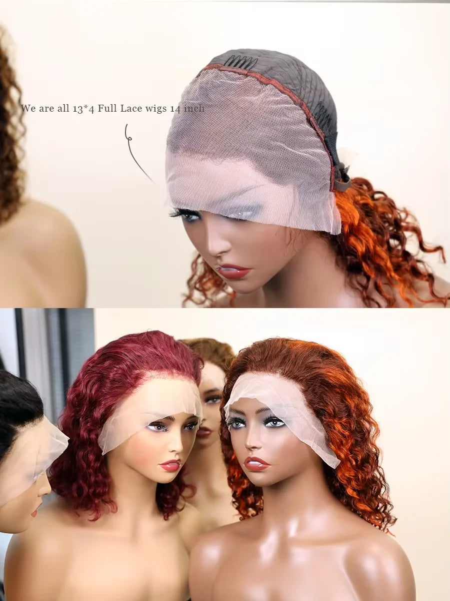 Water Wave 250 Density Short Bob Lace Front Human Hair Wig For Women Deep Wave Pre Plucked Highlight 99J Burgundy Ginger Orange