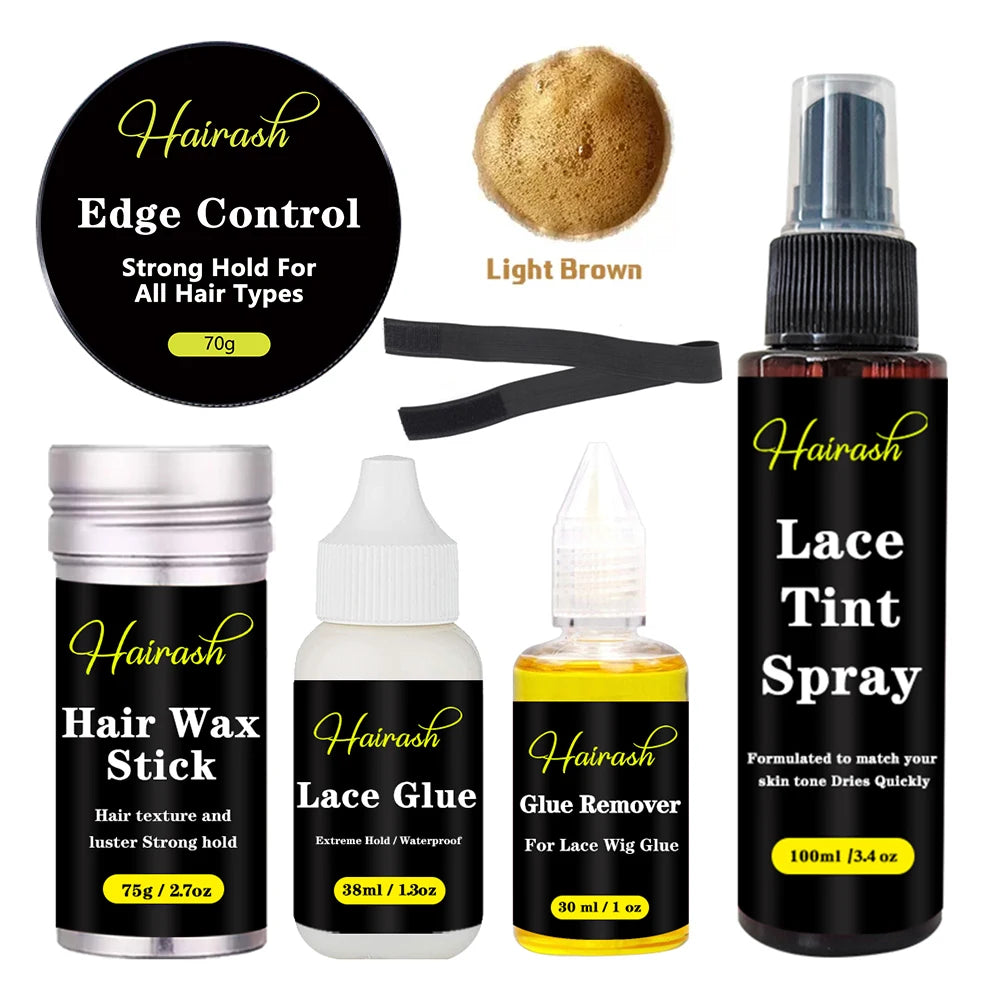 Hairash Hair Extensions Adhesive Wig Glue + Glue Remover + Hair Wax Stick+ Lace Tint Spray + Edge Control + Headbands For Wigs