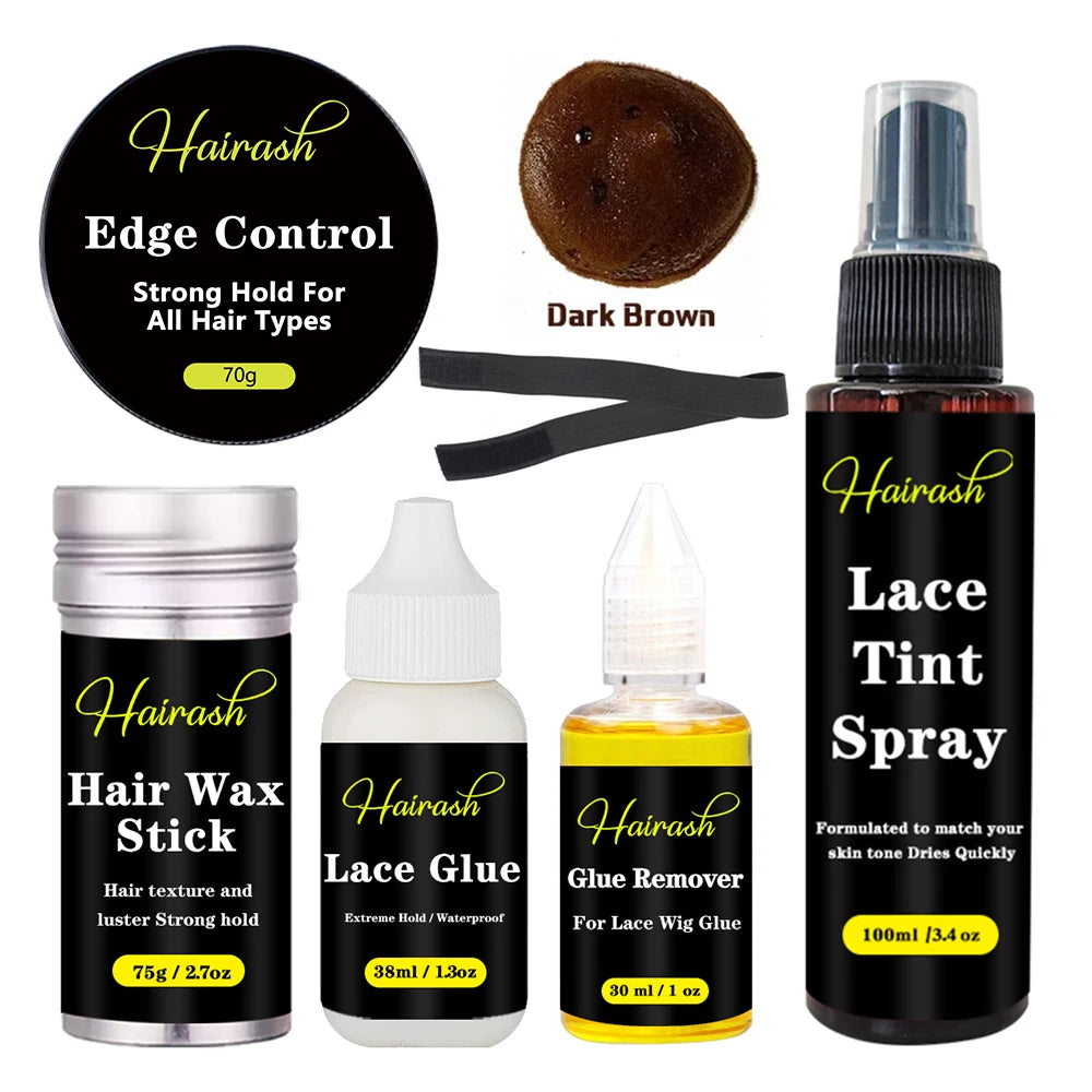 Hairash Hair Extensions Adhesive Wig Glue + Glue Remover + Hair Wax Stick+ Lace Tint Spray + Edge Control + Headbands For Wigs