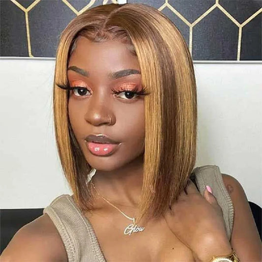 6x4 HD Lace Front Bob Wigs 14 Inch Highlight Human Hair Wigs Pre Plucked Short Straight Bob Hair 4/27 Ombre Hair Wigs for Women