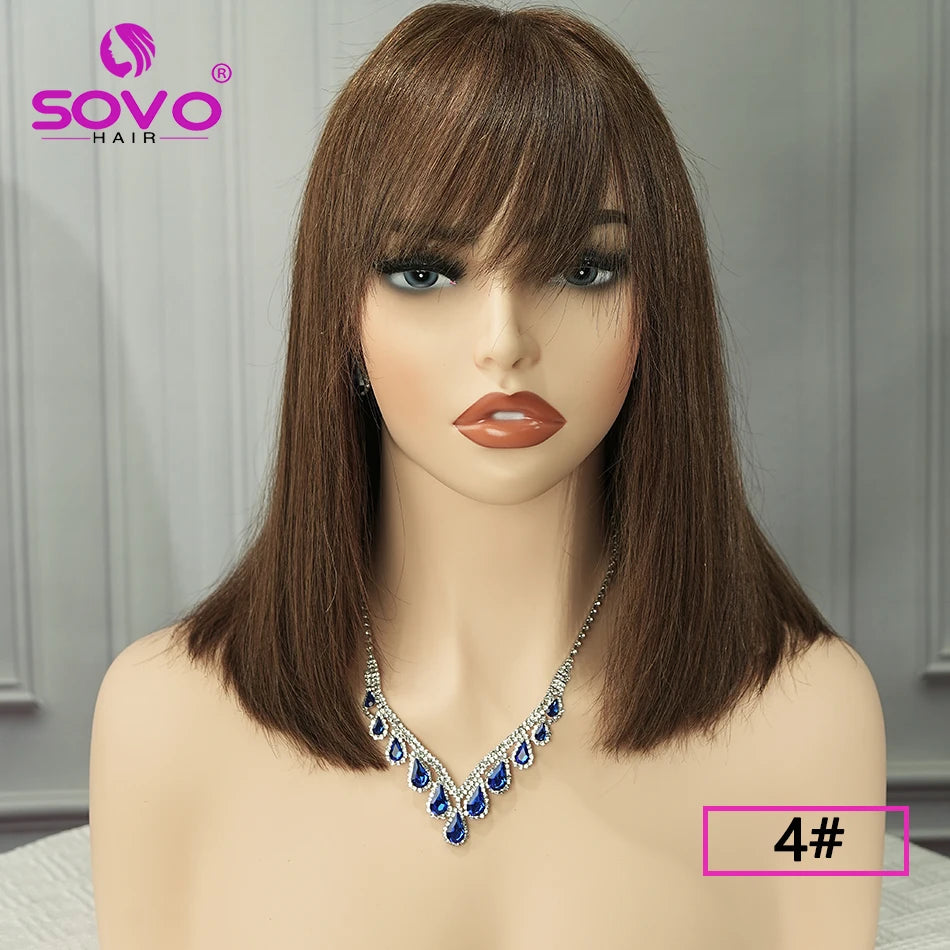 Machine-made Human Hair wig with bangs Straight Bob Full Machine Made Wigs No Lace For Women 10 12 14 Inches 100% Human Hair Wig