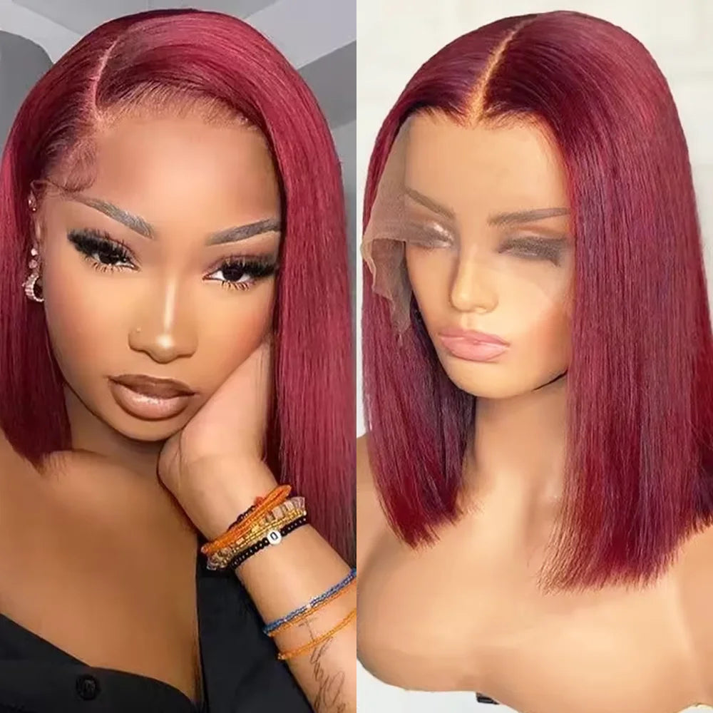 8 Inch Short Bob Wig 99J Burgundy Human Hair Lace Front Wig 13x4 Hair HD  Lace Front  Wig Brazilian Remy Red Color For Woman