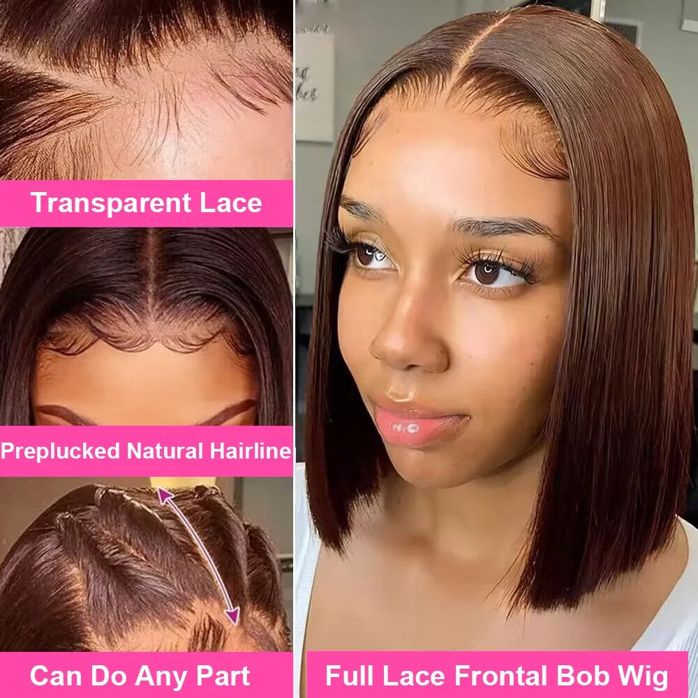 12 Inch Chocolate Brown Straight Short Bob Wigs Human Hair 13x4 HD Lace Frontal Human Hair Wigs Bob wig HD Lace Wigs For Women