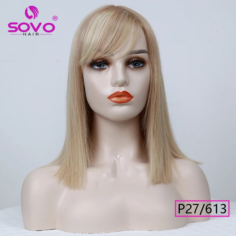 Machine-made Human Hair wig with bangs Straight Bob Full Machine Made Wigs No Lace For Women 10 12 14 Inches 100% Human Hair Wig