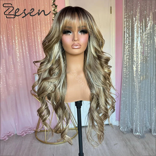Ombre Blonde Highlights Long Wavy Wig Syntheic Blend Human Hair Lace Front Wig Brown Roots Heat Friendly Fibre Lady Girls Wig