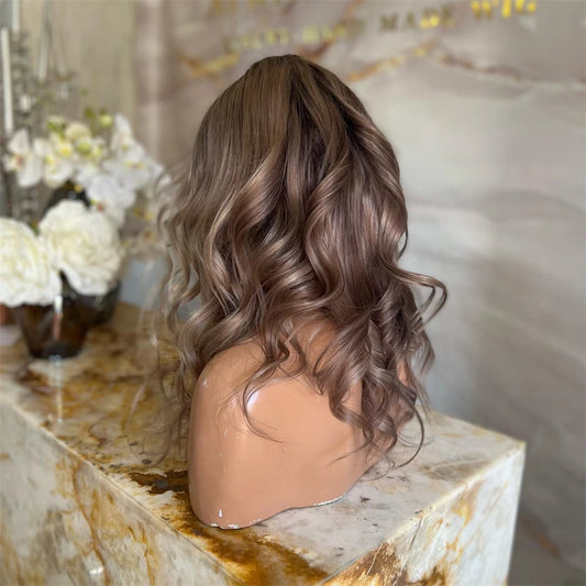 Balayage Wavy Blonde Brown Blend Lace Front Wig HD Skin Top Wig 24 Inches Bouncy Wavy Wig For Women Natural Realistic Lace Wig