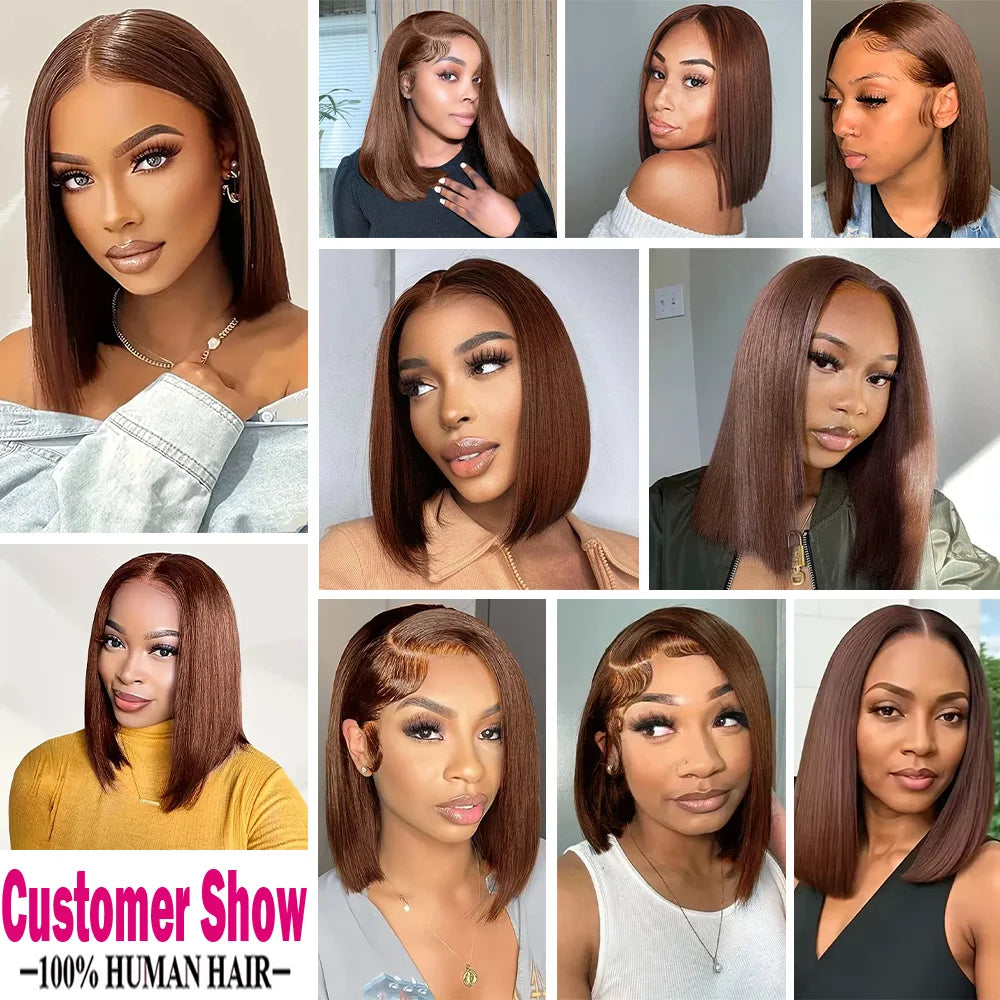 12 Inch Chocolate Brown Straight Short Bob Wigs Human Hair 13x4 HD Lace Frontal Human Hair Wigs Bob wig HD Lace Wigs For Women
