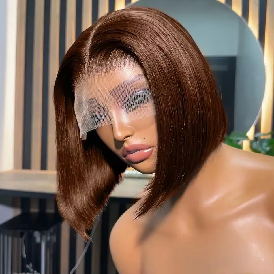 13x4 Lace Front Short Bob Wigs Straight Light Brown Chocolate Color Swiss Lace Frontal Wigs For Woman Reddish Brown Human Hair