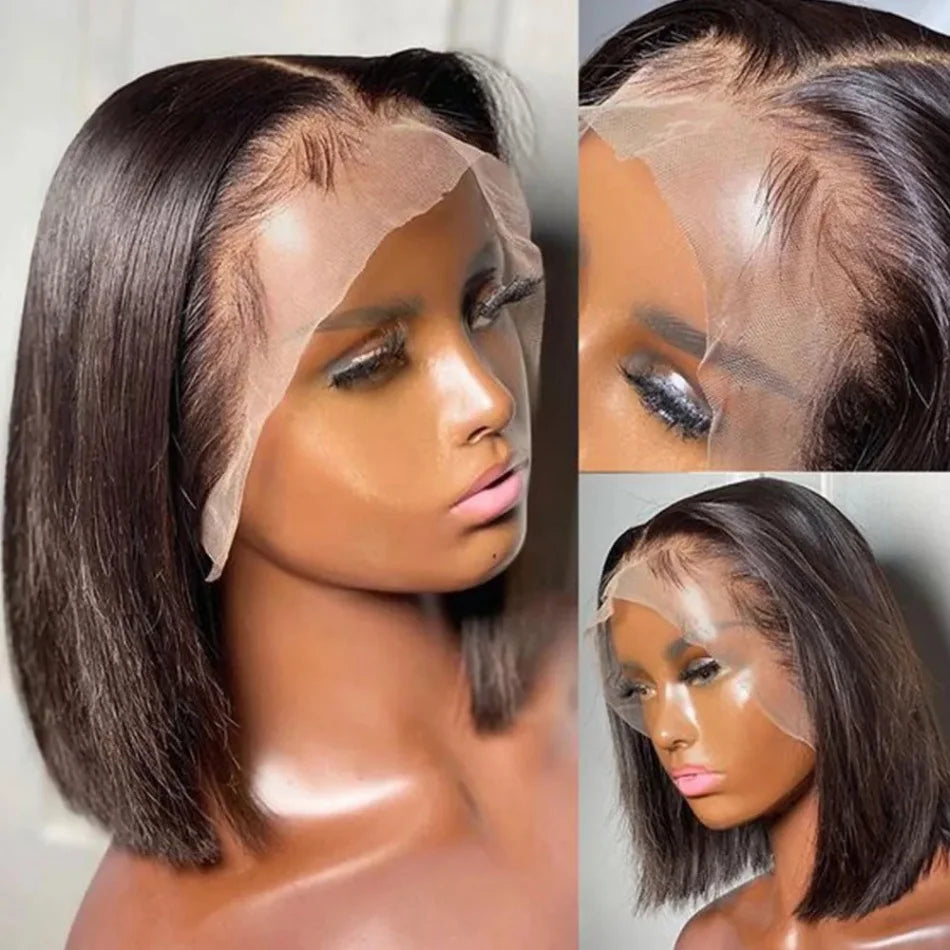 Straight Short Bob 13x4 Lace Frontal Human Hair Wig 230 Density 4x4 Closure Transparent Lace Front Wig For Women 100% Human Hair