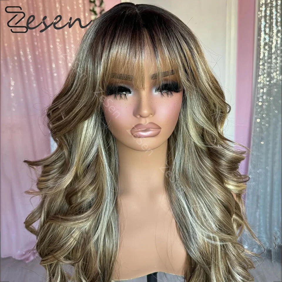 Ombre Blonde Highlights Long Wavy Wig Syntheic Blend Human Hair Lace Front Wig Brown Roots Heat Friendly Fibre Lady Girls Wig
